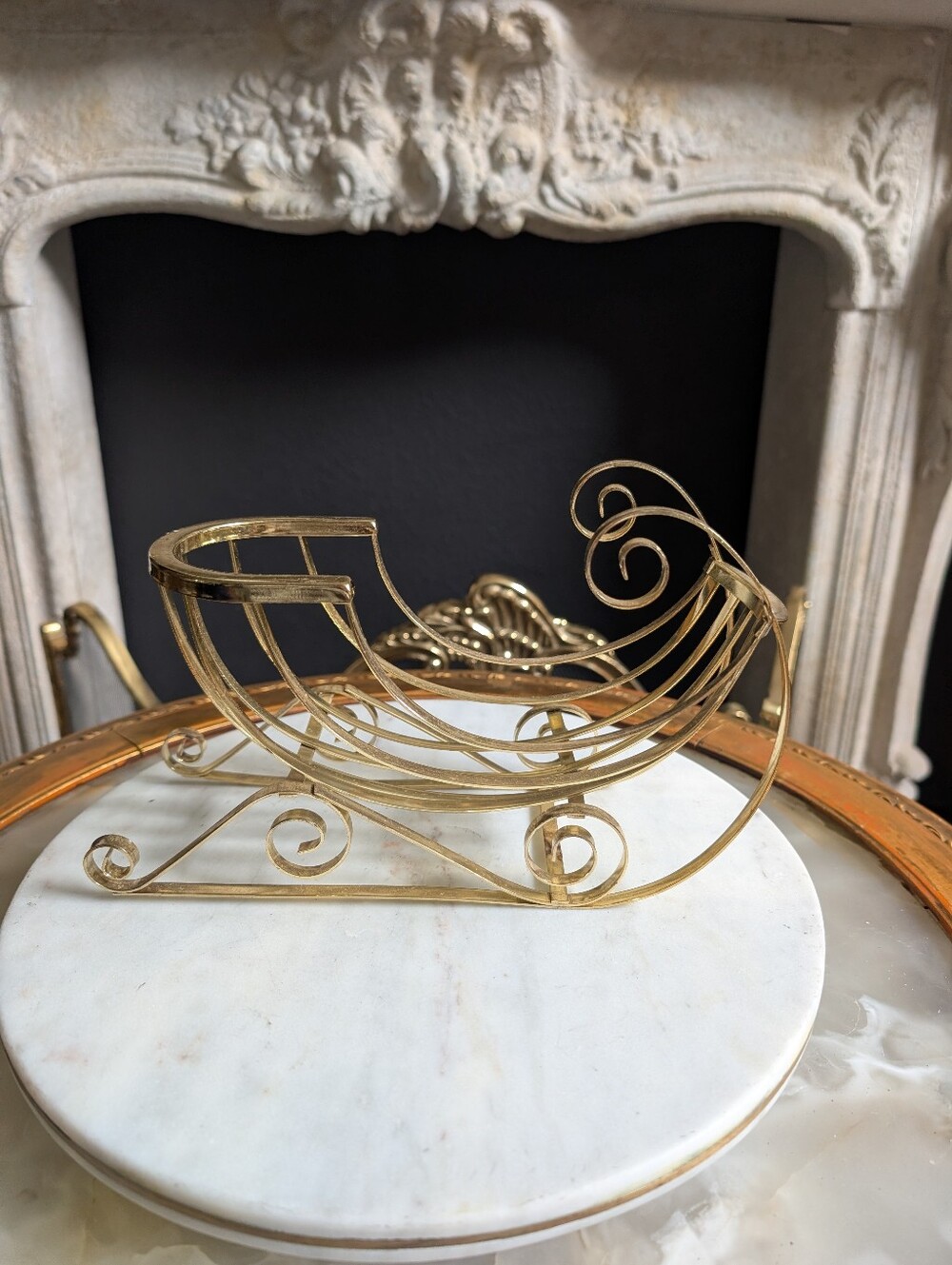 Vintage Polished Gold Metal Sleigh Candle Trinkets Holder Holiday Decor 10" x 5"